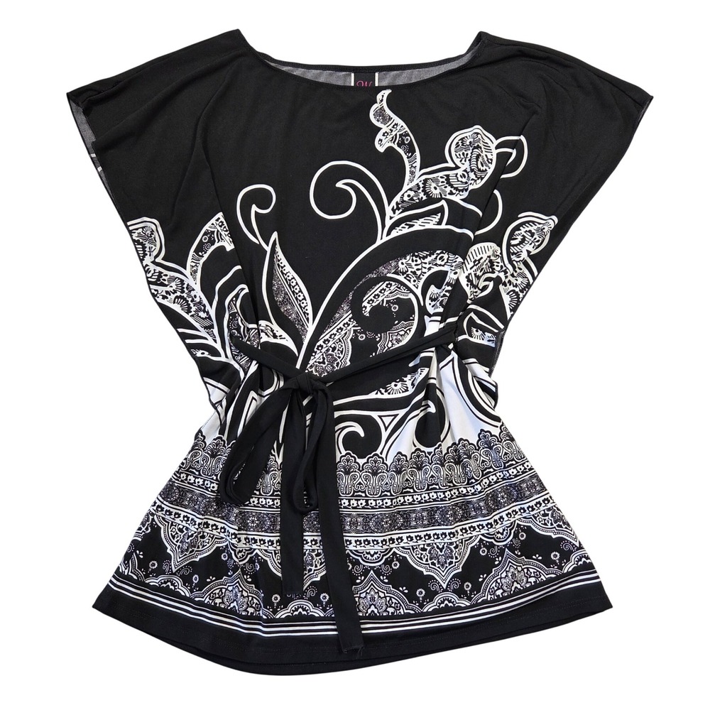 Vtg Wrapper Womens Black Paisley Y2k Dolman Sleeve Tie Waist Top M 2000s Bratz